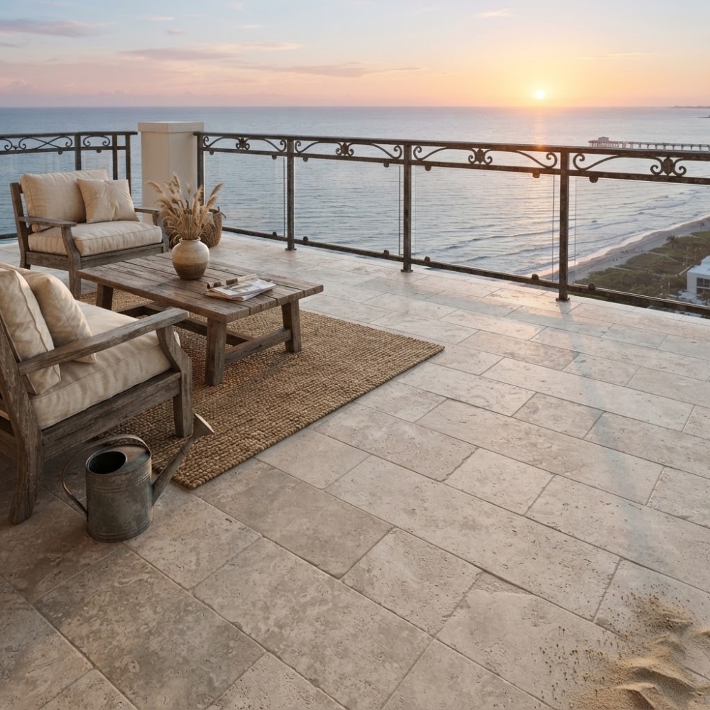 Pompano Beach condo balconies with brushed limestone tile.