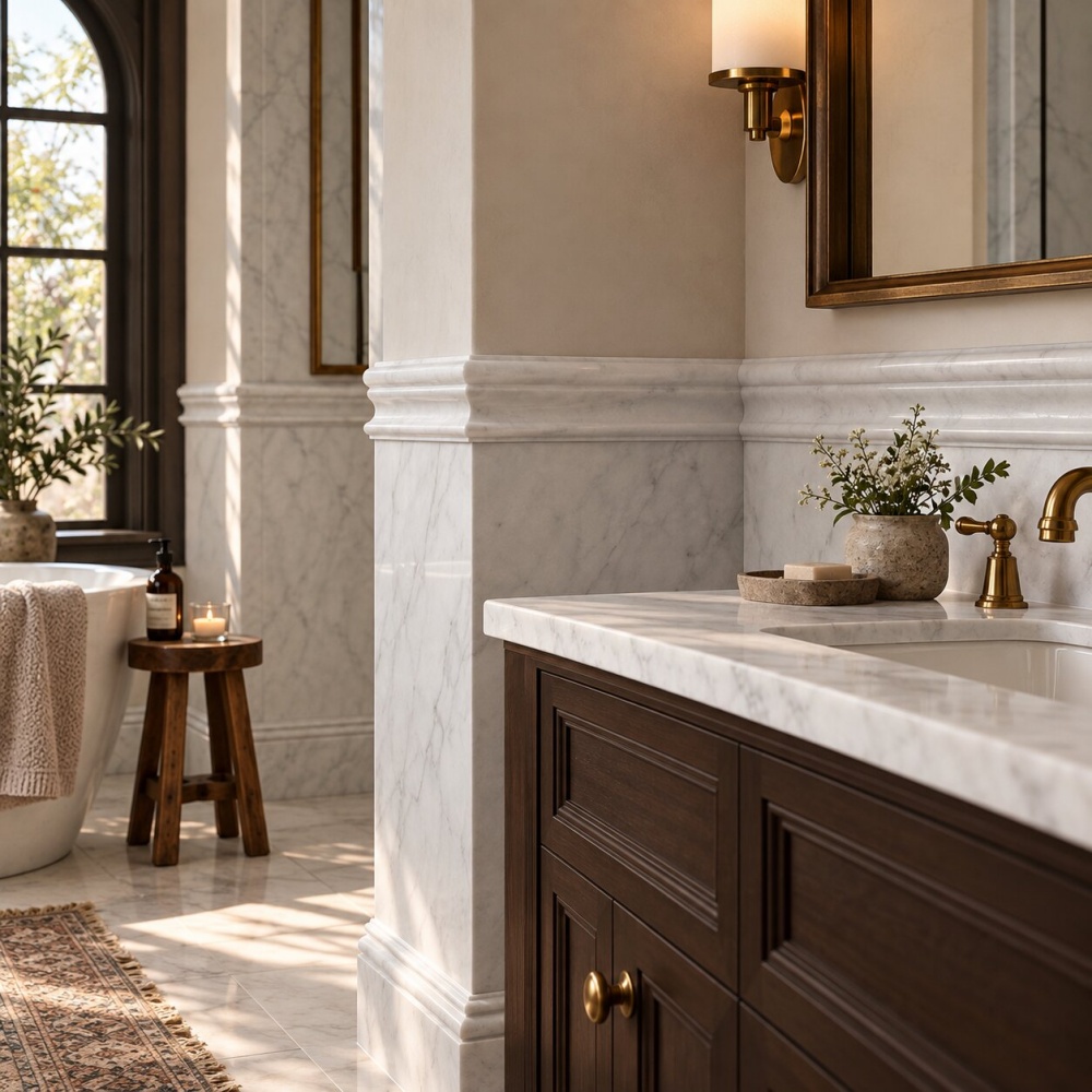 Marble honed molding in an Anaheim Colony bathroom.