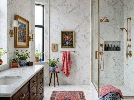 Brickell condo bathroom featuring large format white Carrara honed marble tiles.