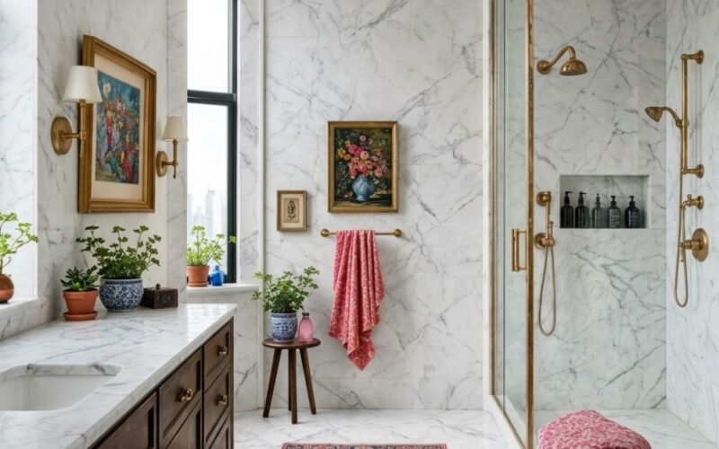 Brickell condo bathroom featuring large format white Carrara honed marble tiles.