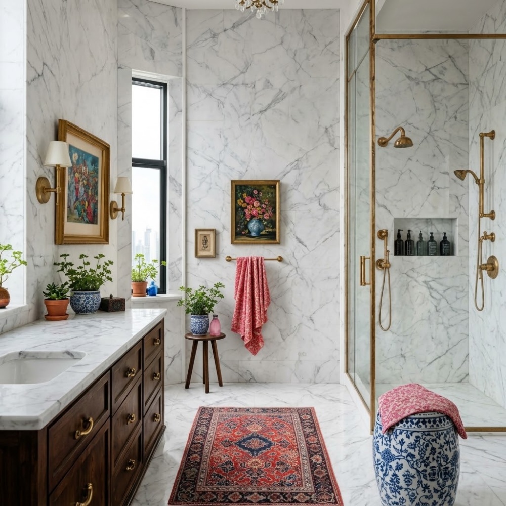 Brickell condo bathroom featuring large format white Carrara honed marble tiles.