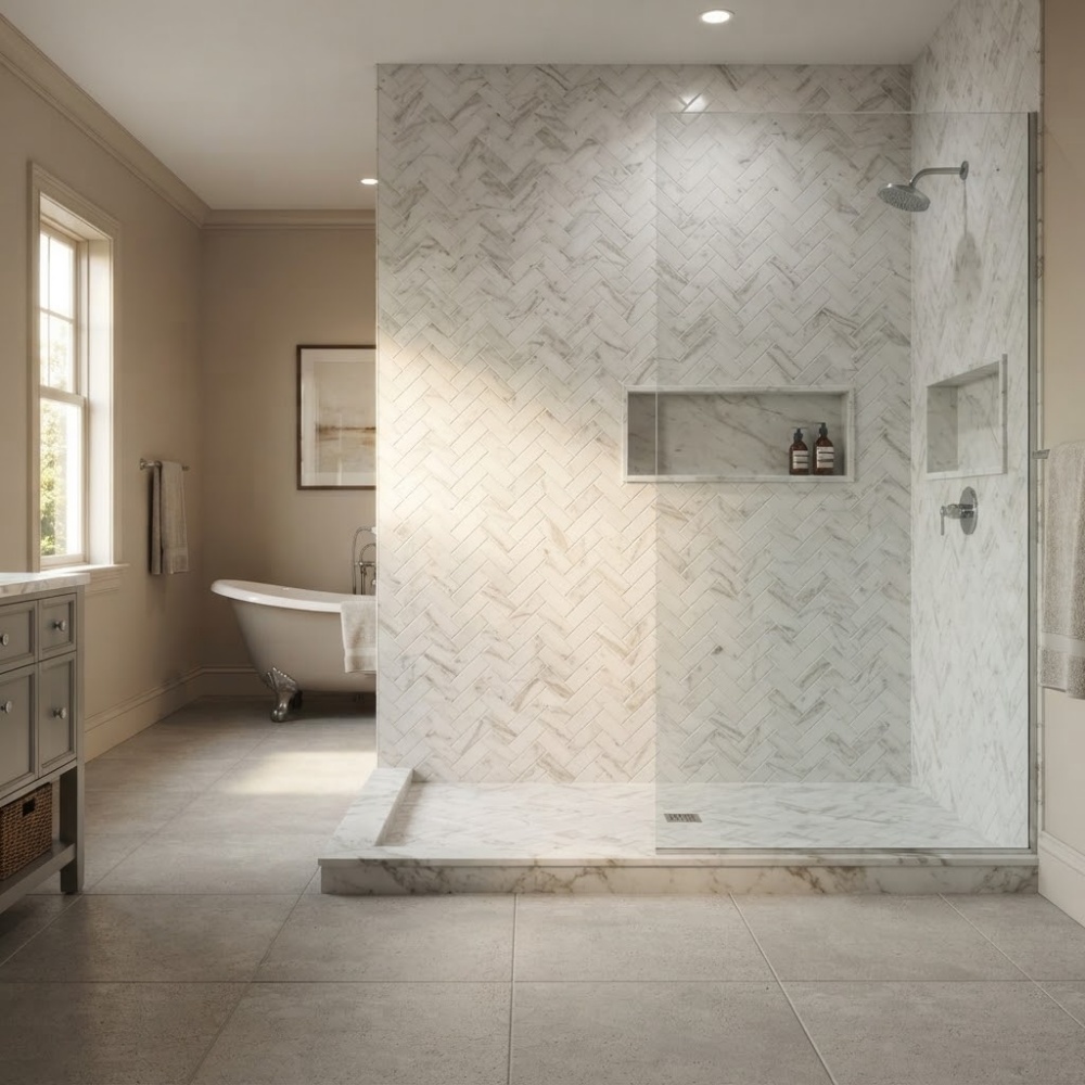 Brooklyn brownstone bathroom design featuring a herringbone white Carrara marble look porcelain tile shower wall.