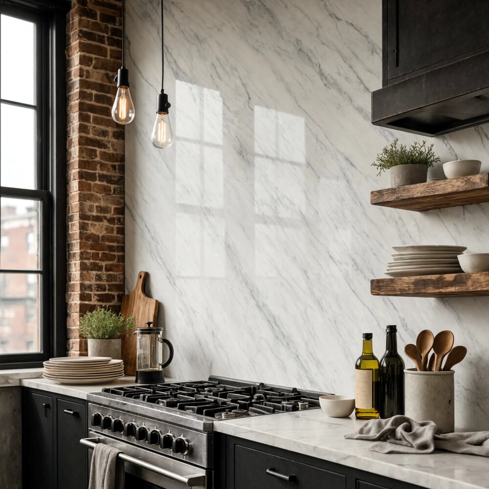 White Carrara honed marble slab backsplash in New Jersey kitchen.