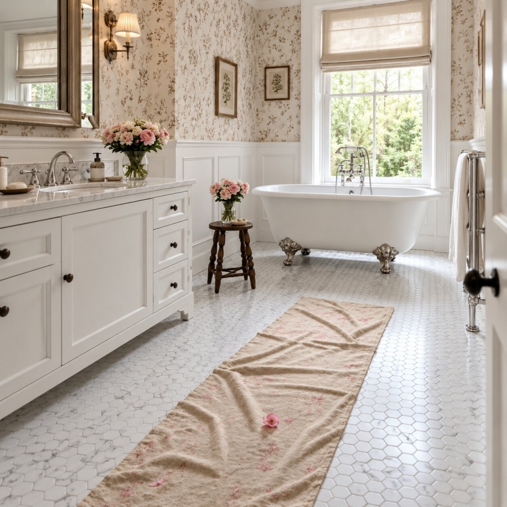 White honed hexagon marble floor tiles in a Anaheim Colony bathroom.