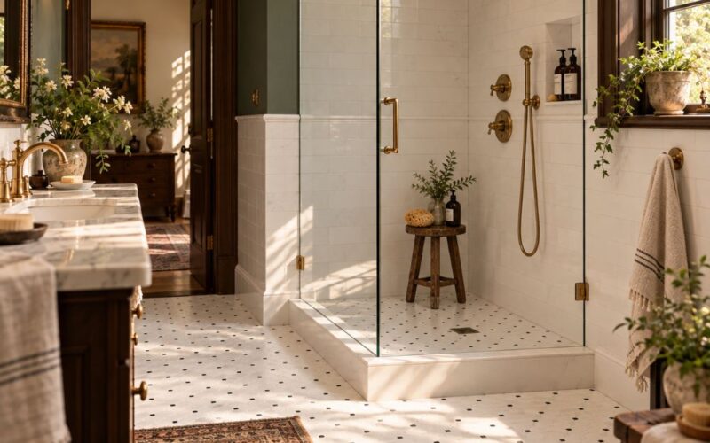 Bathroom wall tile with honed white marble subway in a shower.