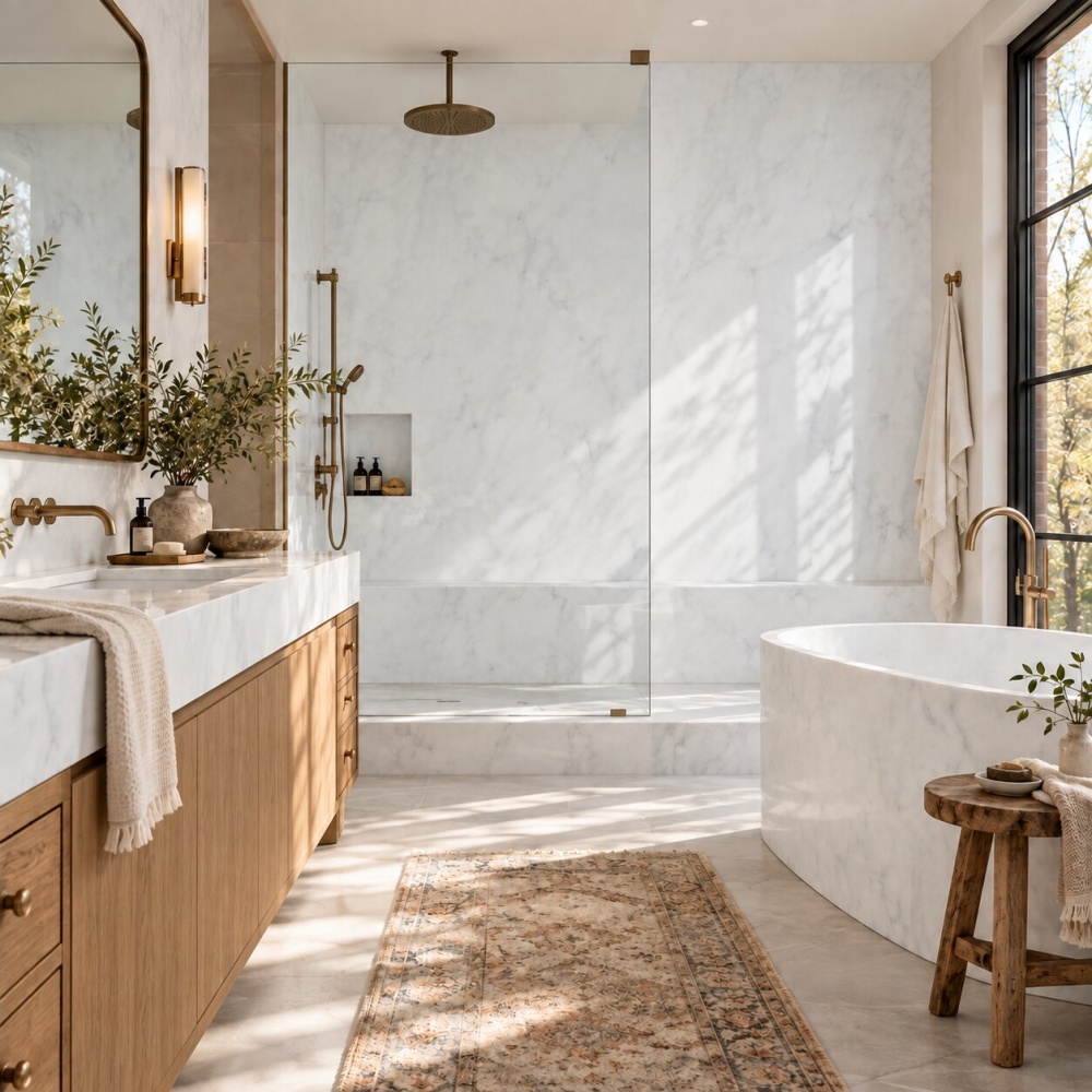 White marble slab tile featured on a walk in shower wall in an Anaheim Colony.