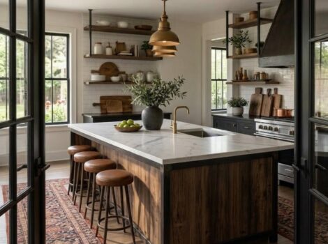 White polished marble slab countertop on kitchen island in a Fairfax home.