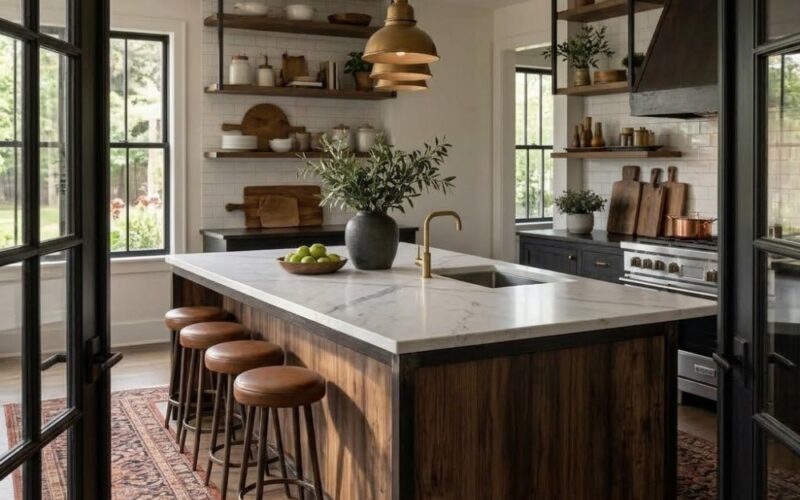 White polished marble slab countertop on kitchen island in a Fairfax home.