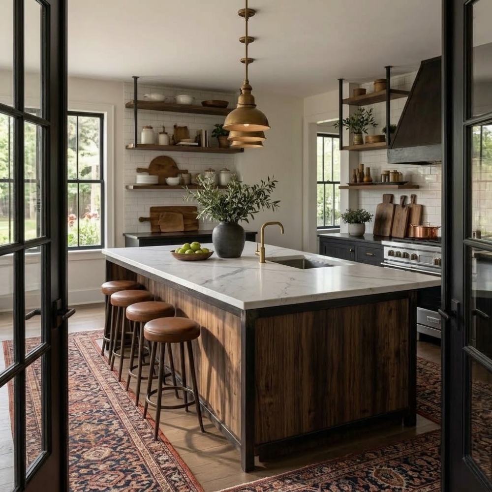 White polished marble slab countertop on kitchen island in a Fairfax home.