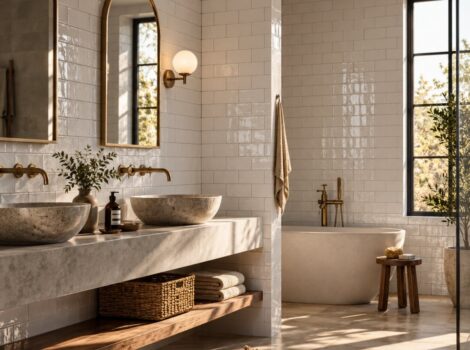 White glossy subway ceramic tile on a bathroom wall in Anaheim.