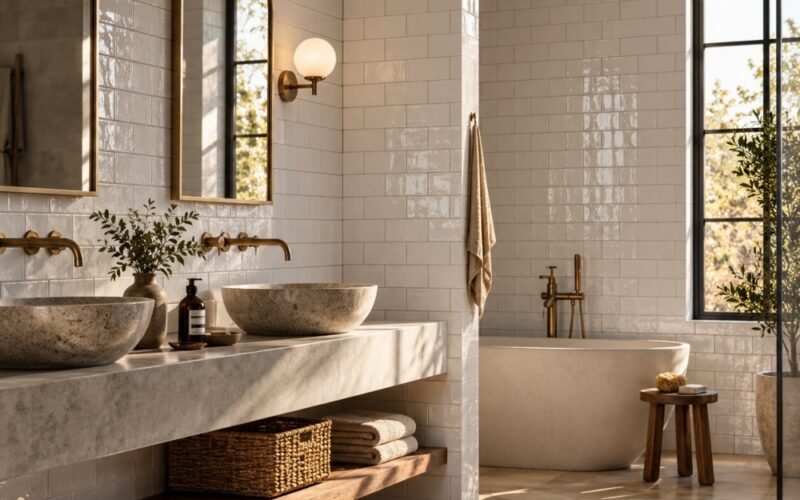 White glossy subway ceramic tile on a bathroom wall in Anaheim.