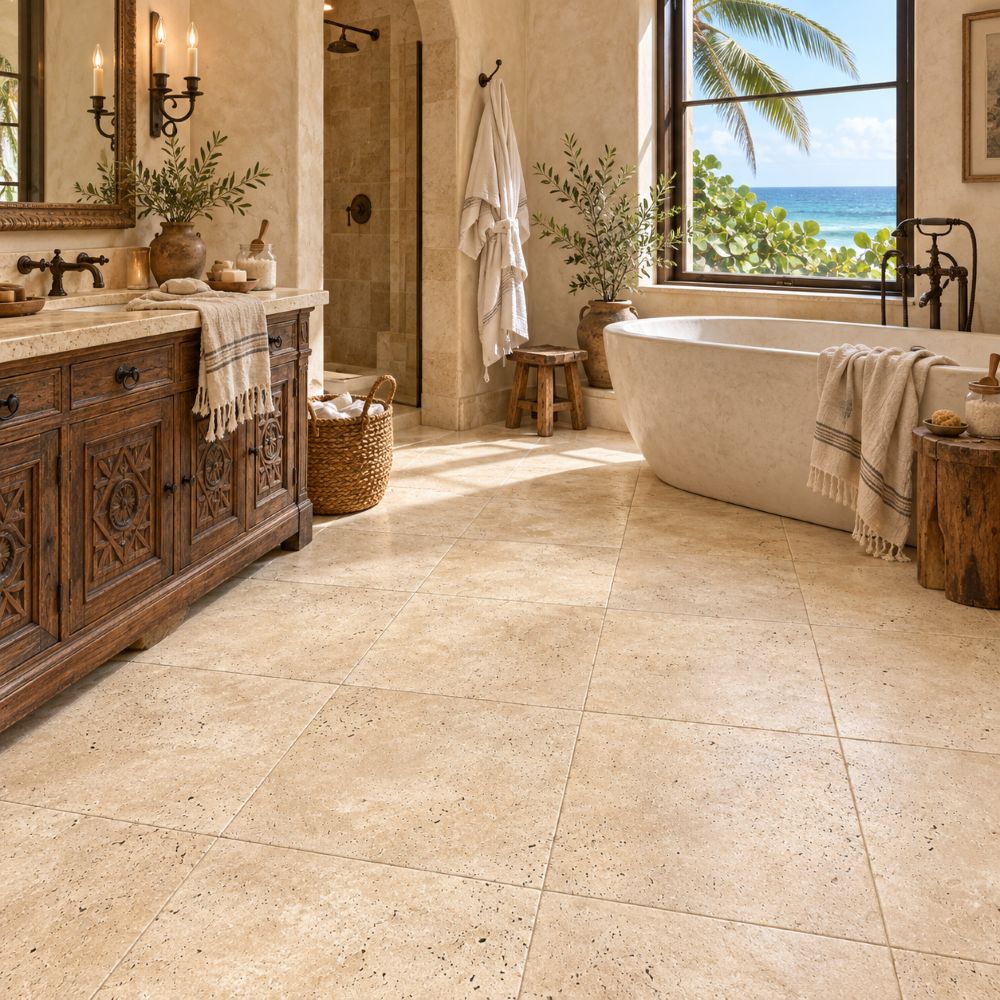 Pompano Beach bathroom with ivory brushed travertine tile floor.