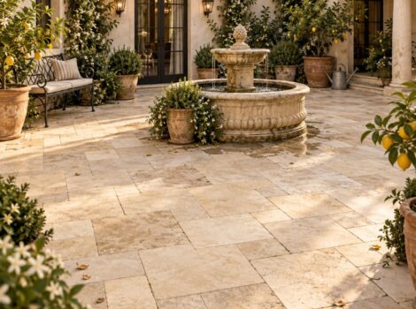 Beige brushed limestone Versailles pattern courtyard in Coral Gables.