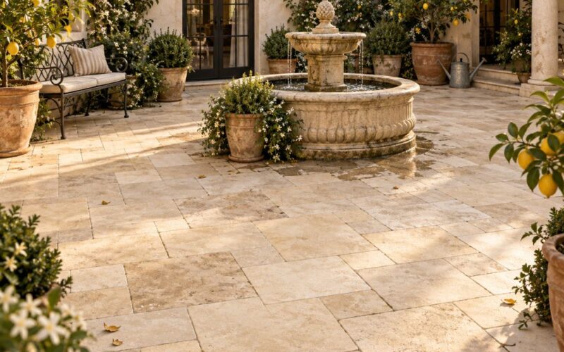 Beige brushed limestone Versailles pattern courtyard in Coral Gables.