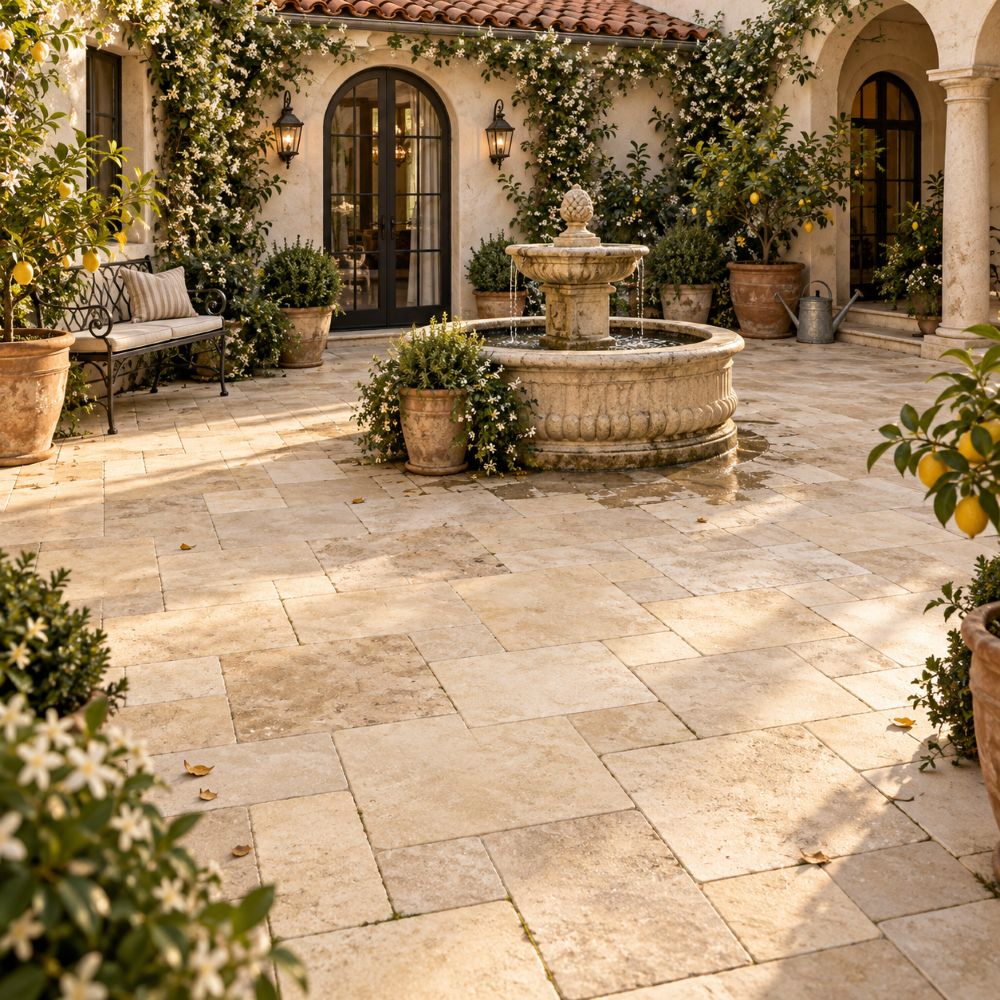 Beige brushed limestone Versailles pattern courtyard in Coral Gables.