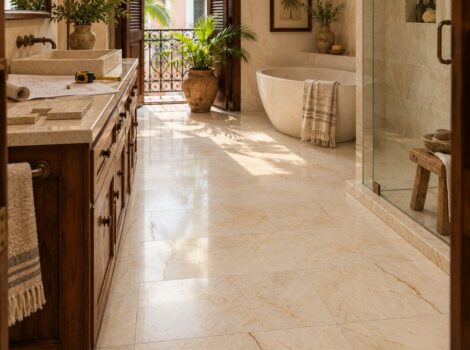 Vanilla Classic honed marble 12x24 floor in an Old San Juan, Puerto Rico condo bathroom.