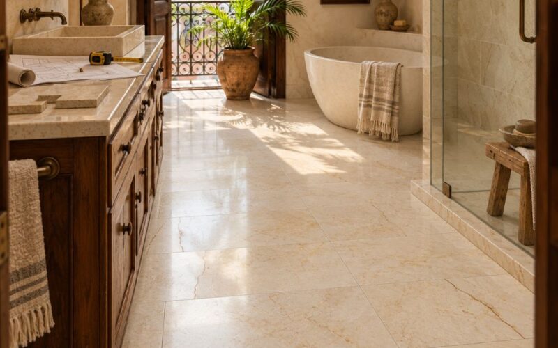 Vanilla Classic honed marble 12x24 floor in an Old San Juan, Puerto Rico condo bathroom.
