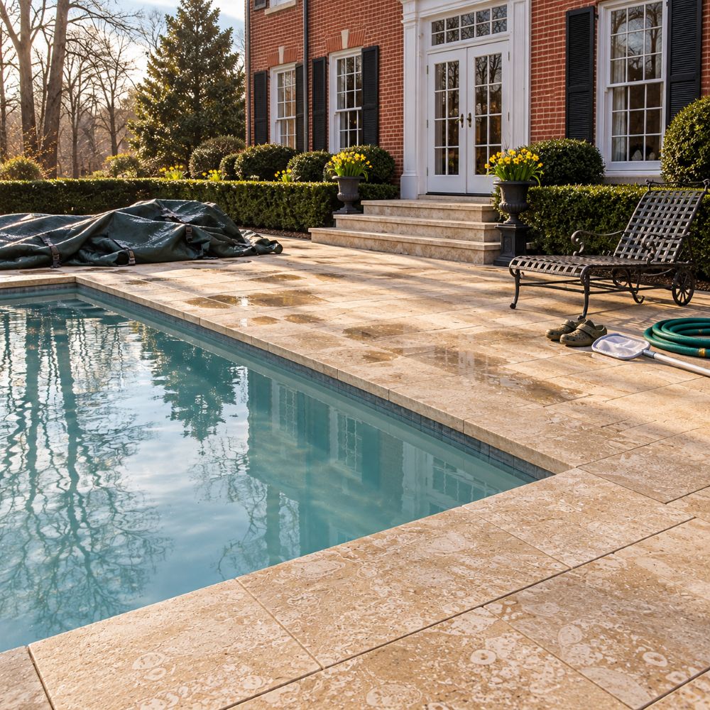 Morris County, NJ pool with Shell Reef brushed limestone coping.