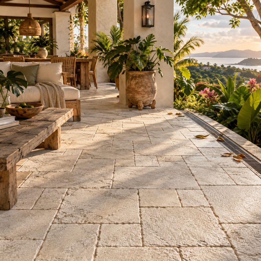 Garden terrace with Diana Royal reclaimed marble pavers at a Puerto Rico hillside home