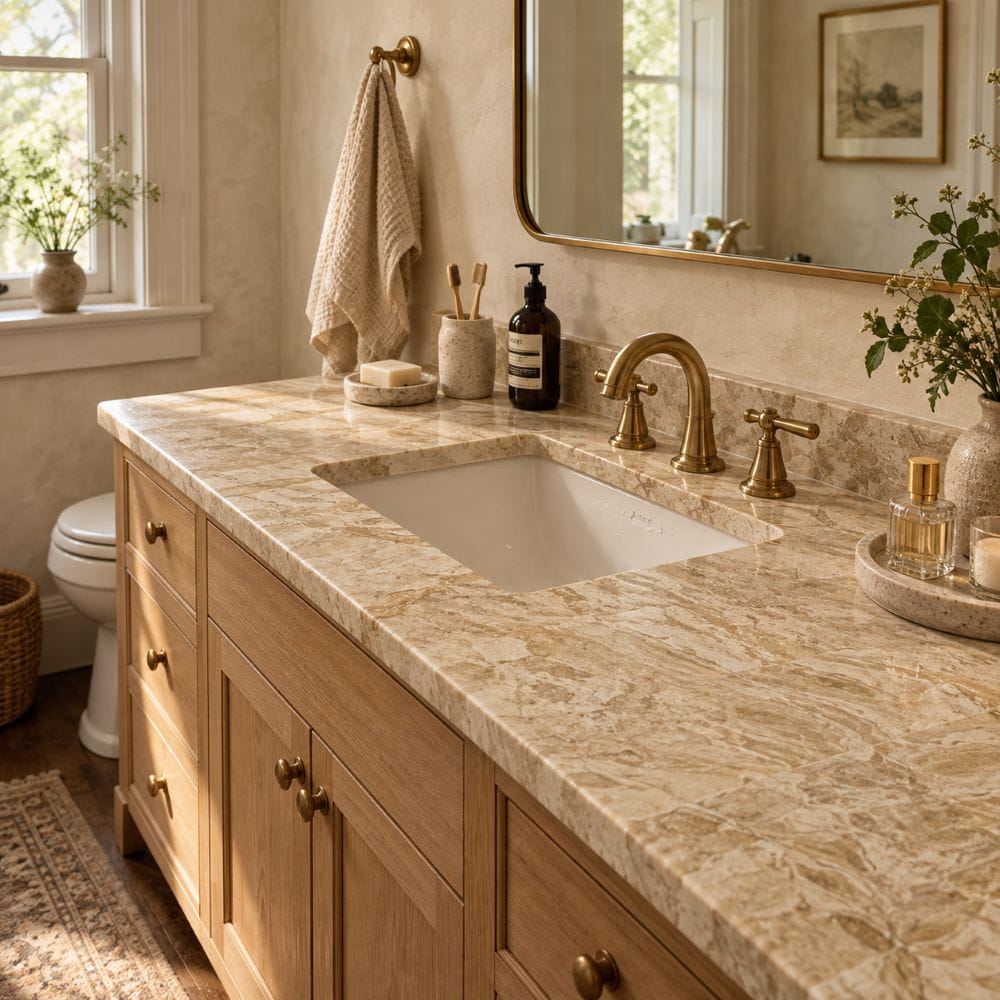 Diana Royal honed marble vanity top in a bathroom renovation in Fairfax.