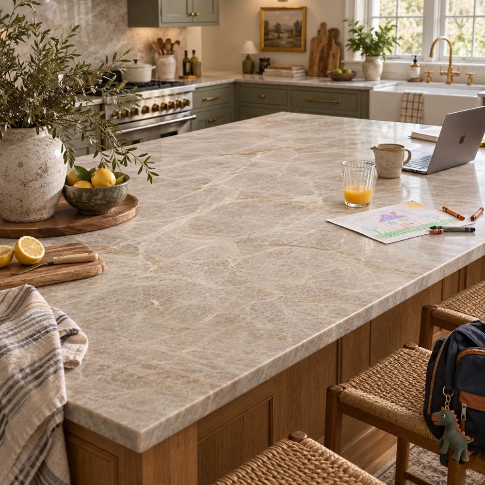 Beige honed quartzite kitchen island in a family home in Fairfax.