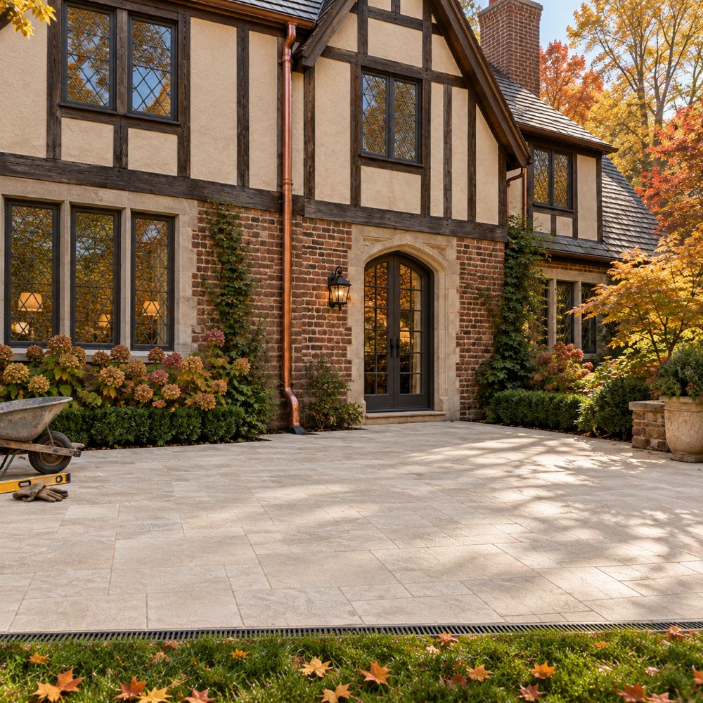 Patio with Diana Royal Versailles marble pavers built for New Jersey winters.