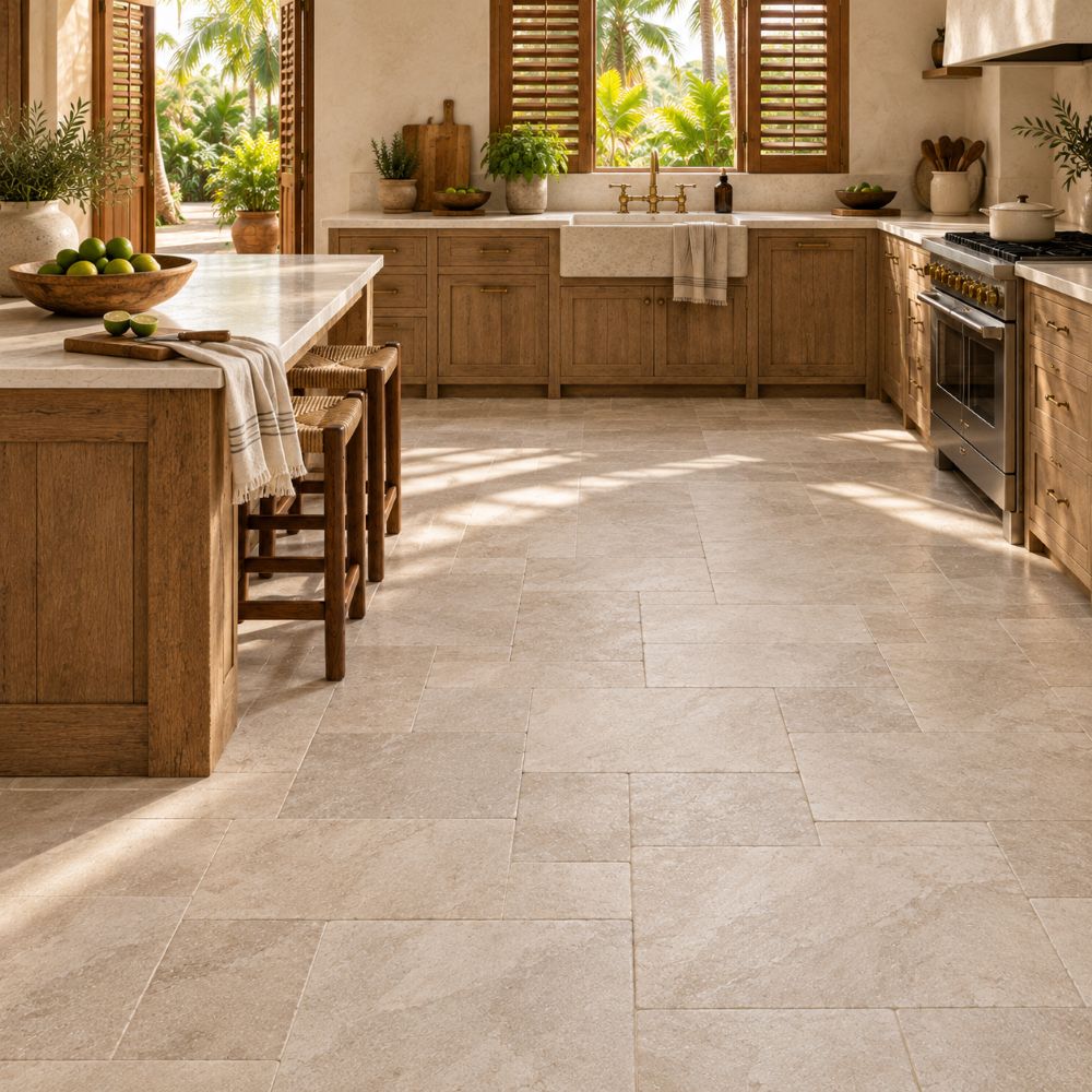 In a Puerto Rico kitchen, a Diana Royal textured marble floor.