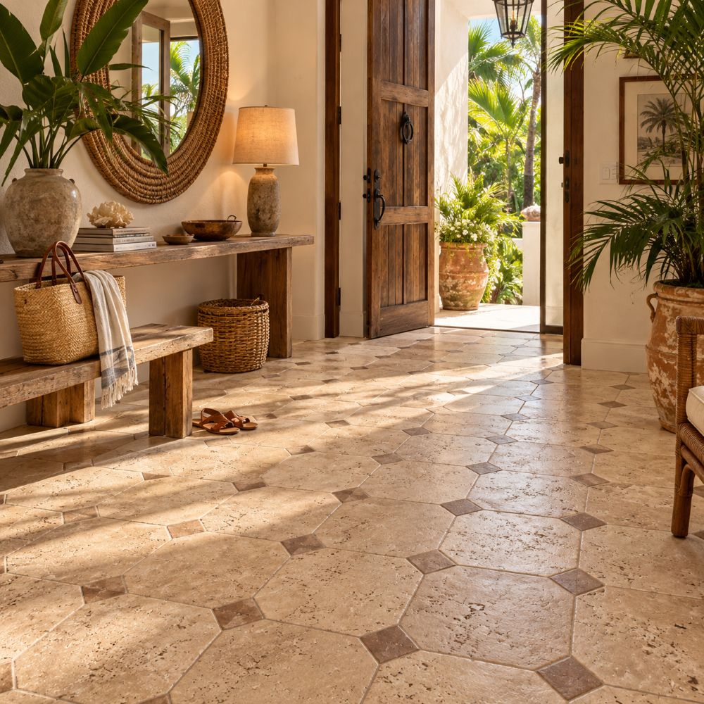 Home entry with ivory and walnut tumbled travertine floor, San Juan.
