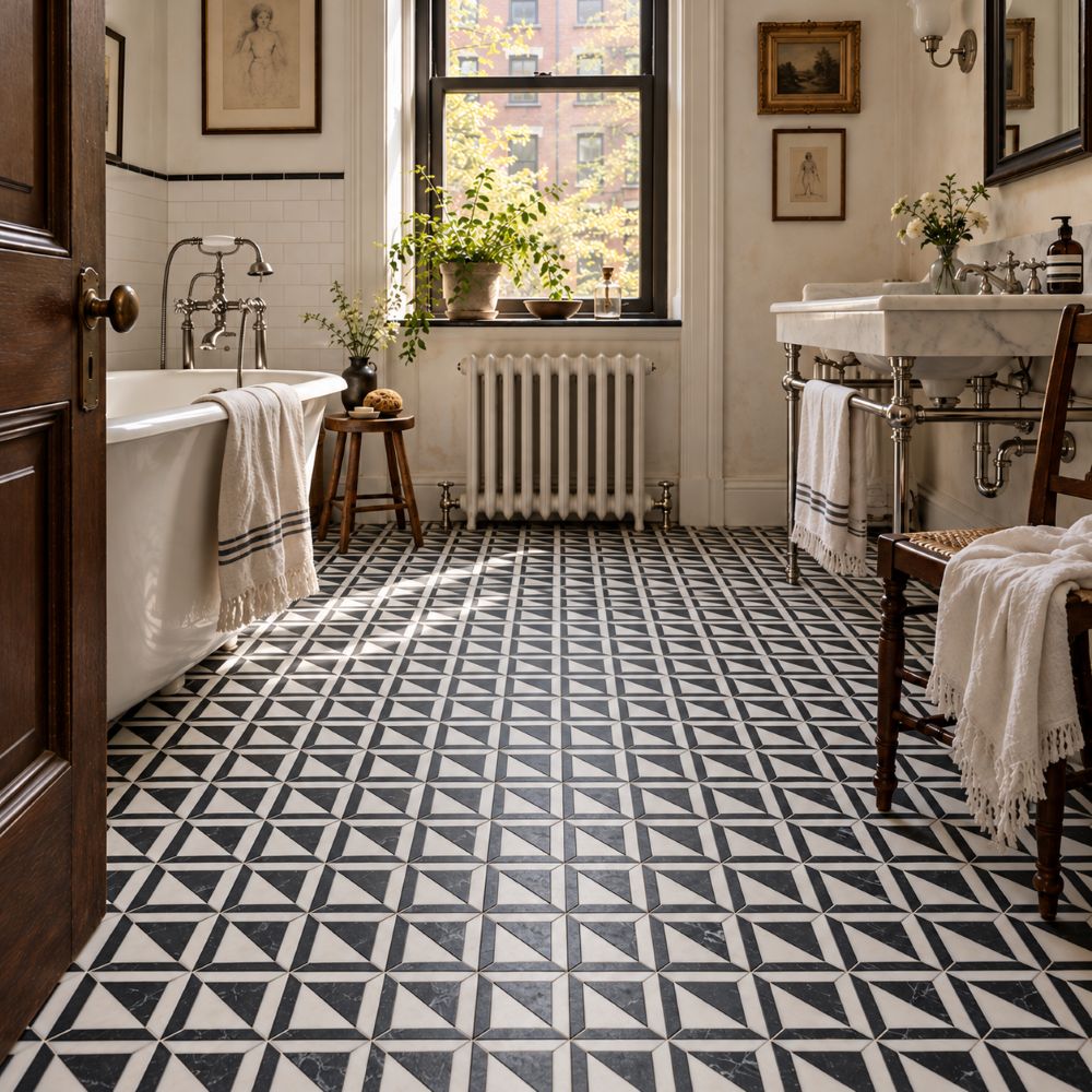 Black and white York marble mosaic floor in a bathroom.