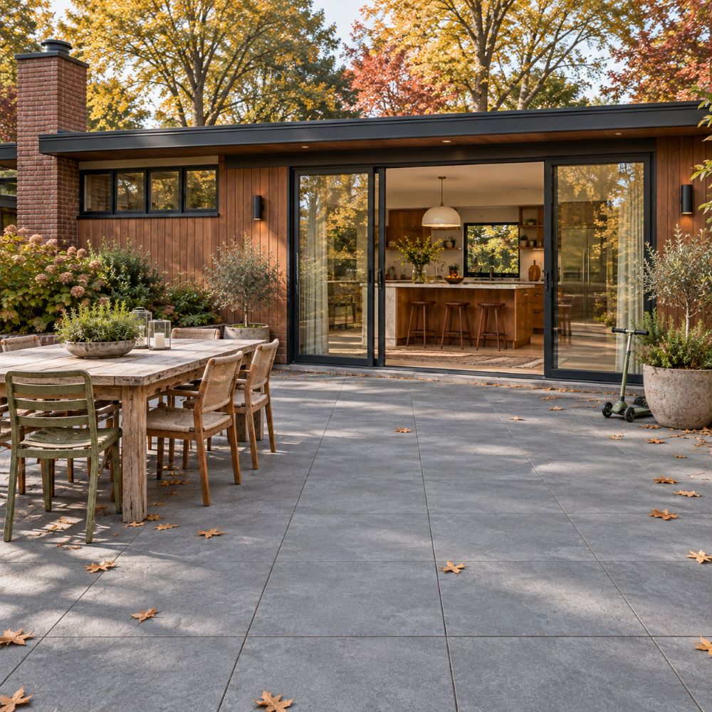 Blue textured porcelain pavers on a family terrace in Bergen County.