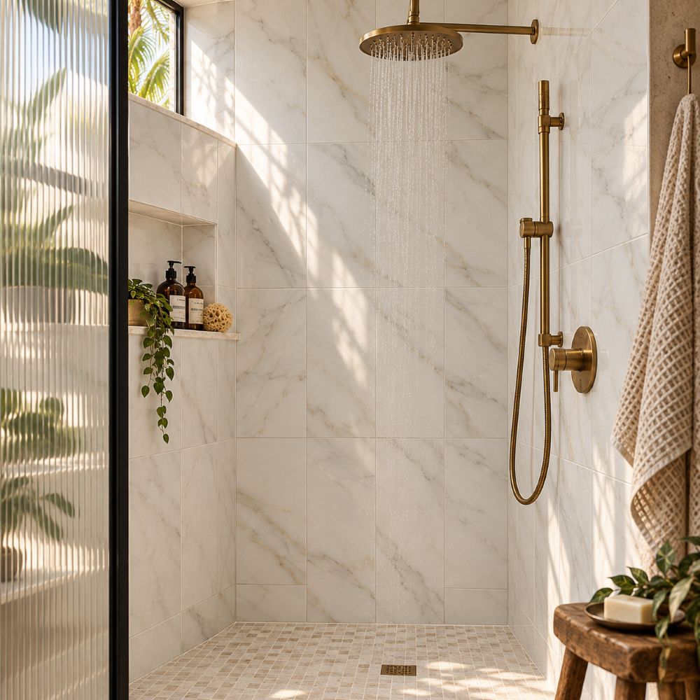 Calacatta Gold honed marble 12x24 shower walls in Puerto Rico bathroom.