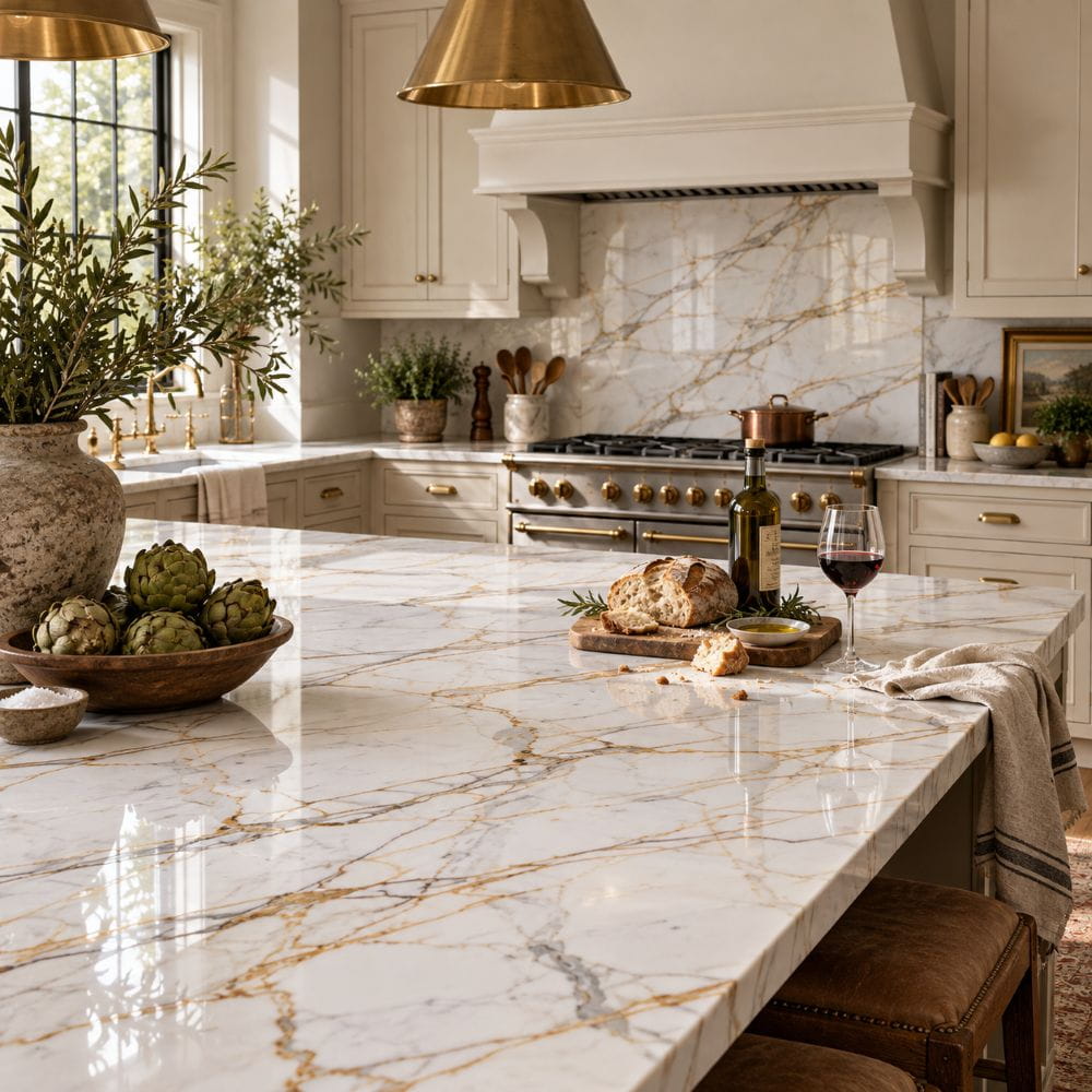 Calacatta Gold polished marble kitchen island countertop in a Fairfax home.