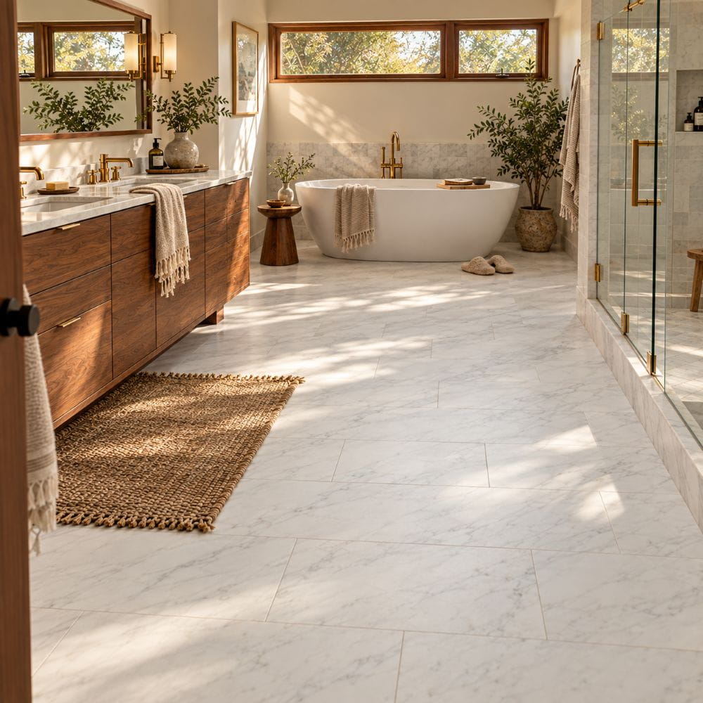 Calacatta Bella honed marble tile floor in a bathroom renovation in Fairfax.