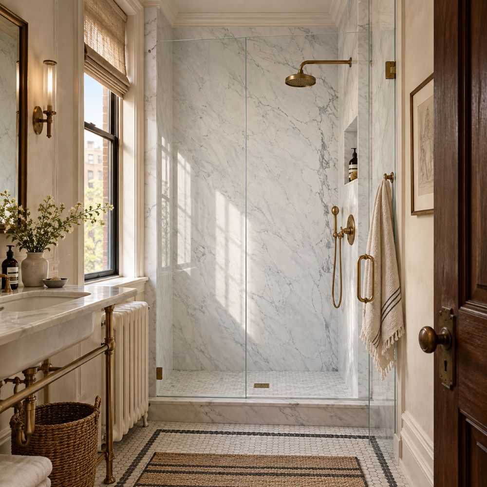 Calacatta Monet marble slab shower walls in a New York co-op bathroom.