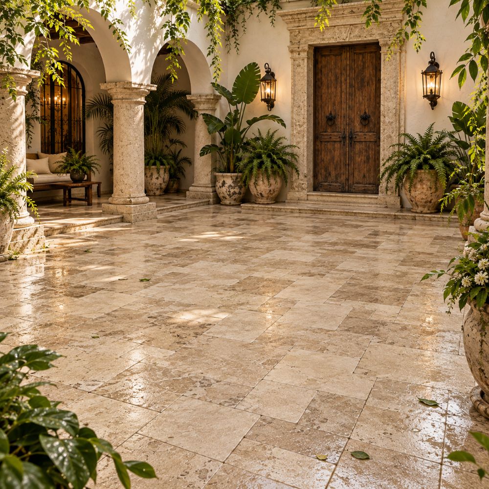 Old San Juan courtyard paved with Cappuccino Textura Seal marble pavers.