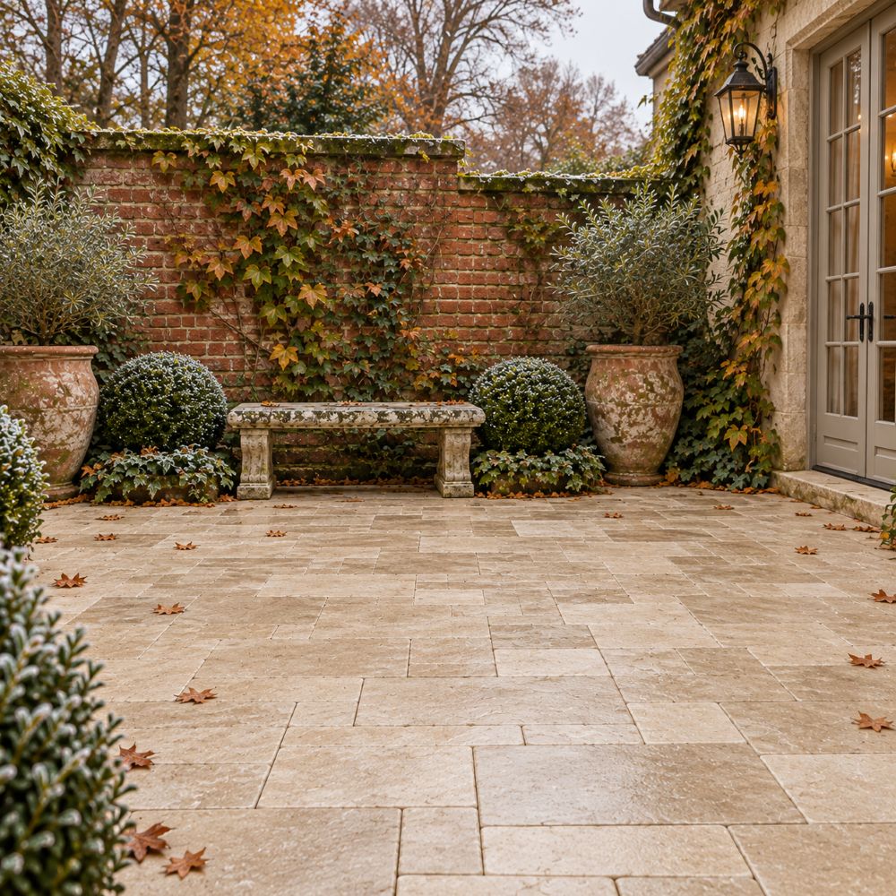 NJ garden courtyard with Cappuccino textured marble pavers.