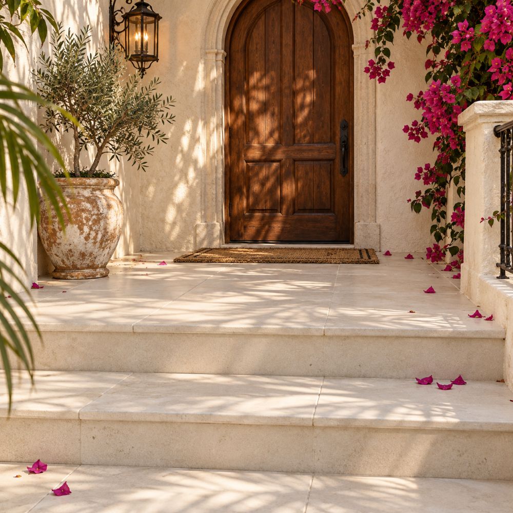 Coral Gables entry steps in Champagne honed limestone tile.