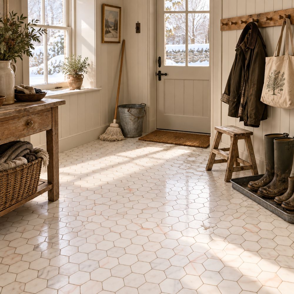Honed hexagon marble mosaic floor in a boot room for Northern Virginia homes.