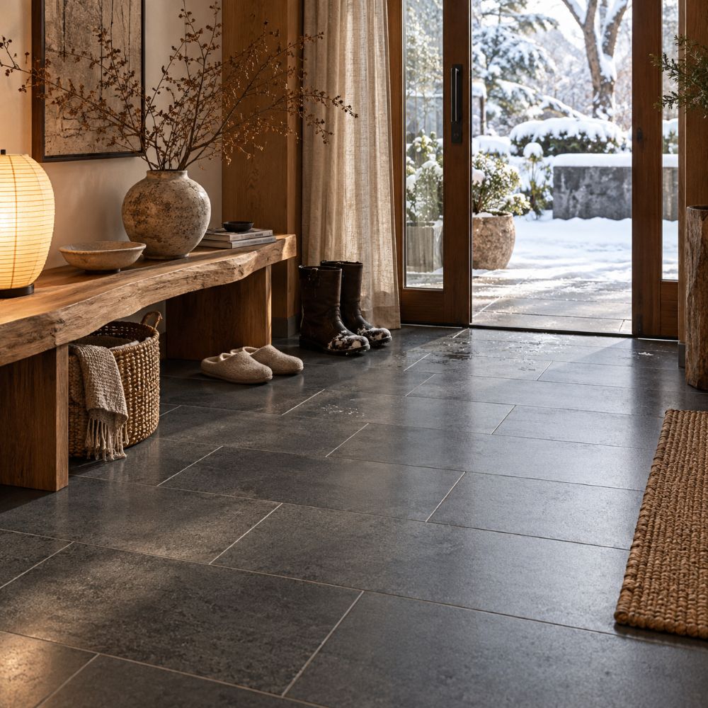 Honed basalt tile entry floor in a Mid Atlantic home.