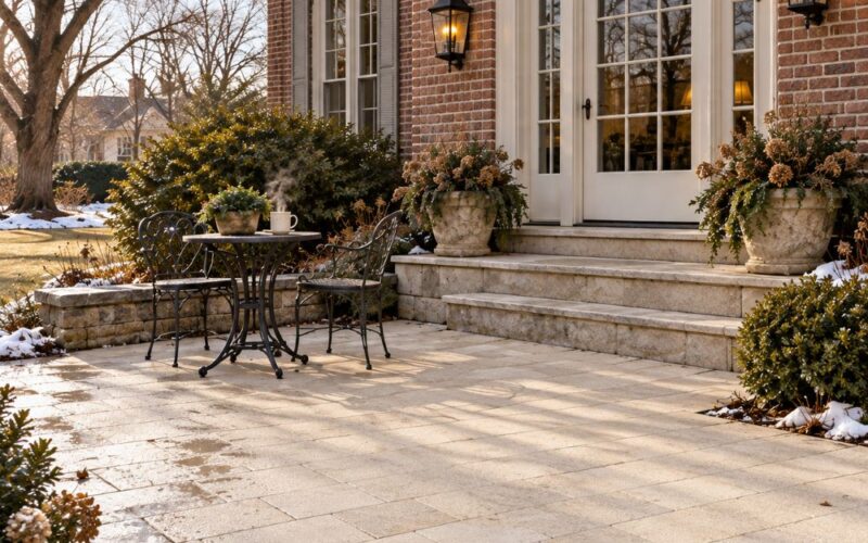 Diana Royal textured marble pavers on a New Jersey terrace.