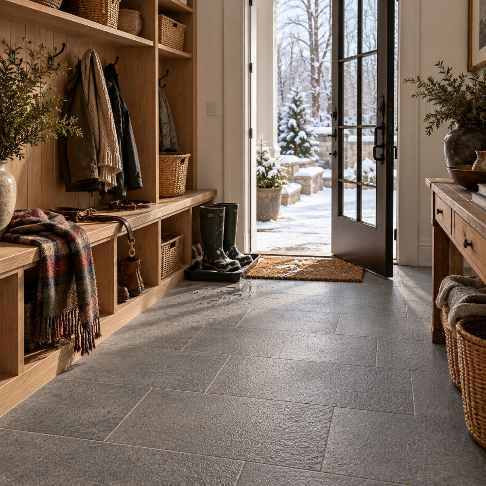Bush hammered basalt tile on a mudroom floor for winter entries in Northern Virginia.