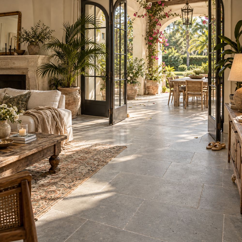 Gray tumbled limestone linking living room and terrace in Coral Gables.