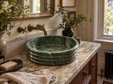 Green marble fluted sink in a bathroom, NYC.