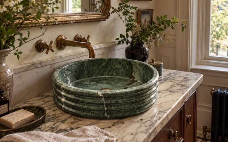 Green marble fluted sink in a bathroom, NYC.