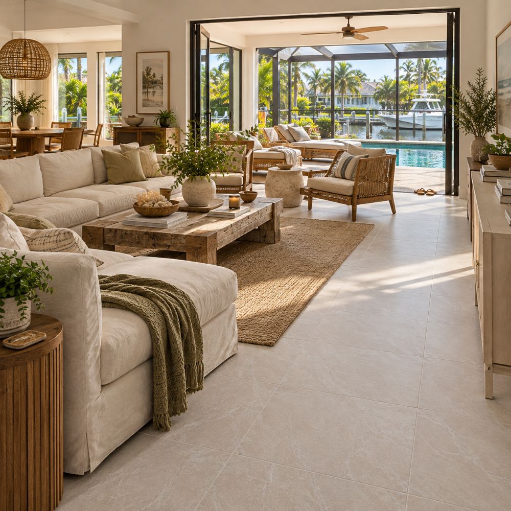 Large format matte porcelain floor in a family room of a Pompano Beach home.