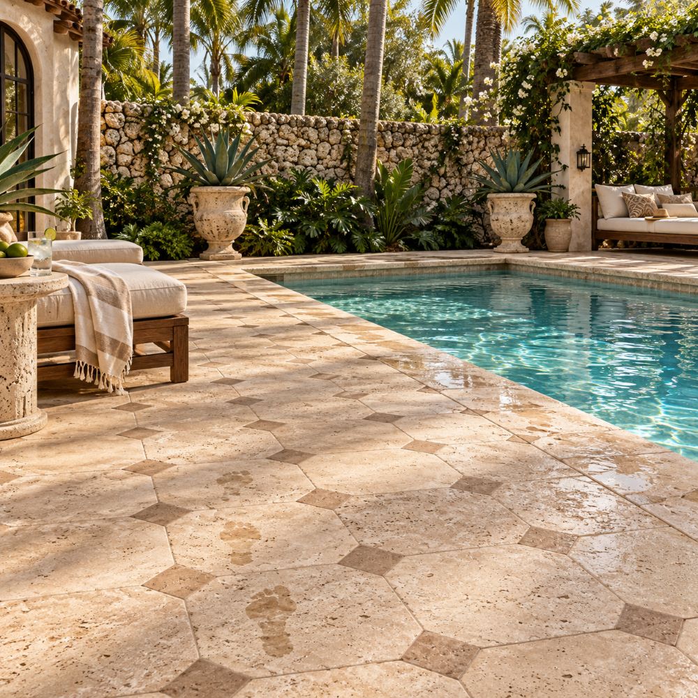 Miami pool deck with tumbled ivory travertine tile.