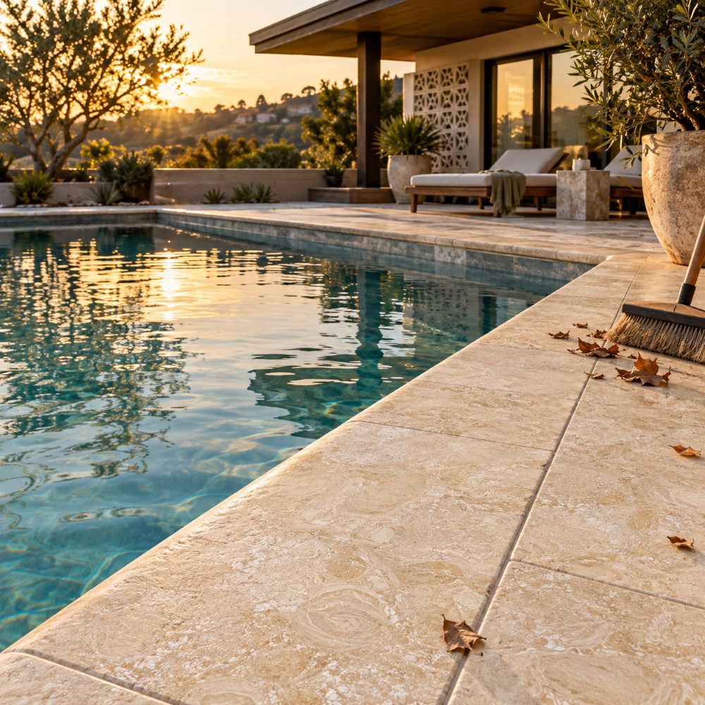 Anaheim pool edge with brushed limestone tile.