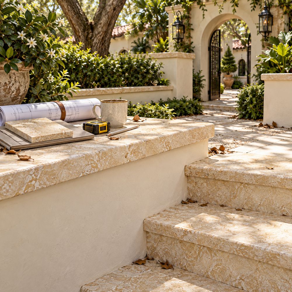 Coral Gables terrace wall capped with Shell Reef brushed limestone.