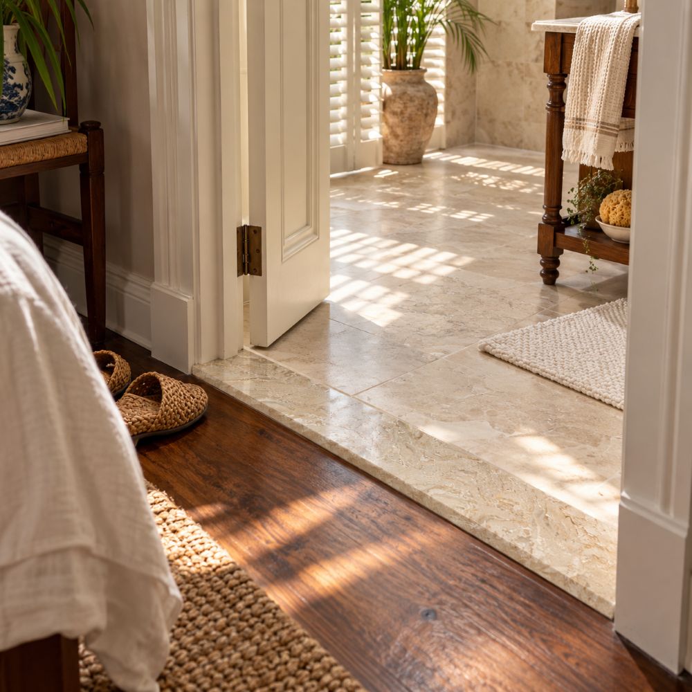 Diana Royal honed marble threshold in bathroom in a San Juan