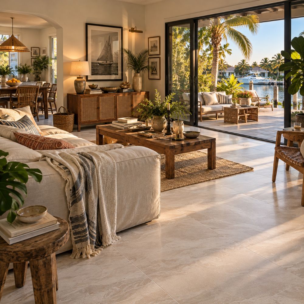 Leathered beige marble floor tiles in Pompano Beach room.